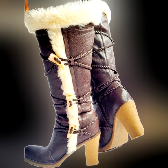 BCBGirls Women's Knee Boots Genuine Leather Toggle Faux Fur Trim Brown/Cream US9 - Picture 1 of 16